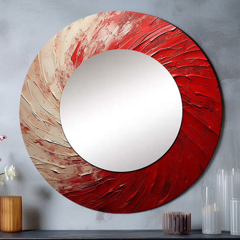 Red And White Whimsical Whirl Spiral - Abstract Spirals Decorative Mirror, Modern Round Wall Mirror, Printed Metal Art