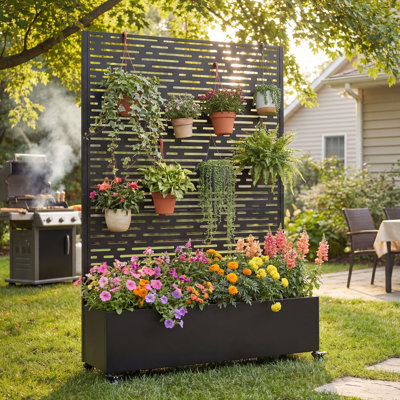 Lit de jardin surélevé en métal avec roues et treillis, pot à fleurs 73 po x 47 po x 16 po pour plantes grimpantes, légumes et vignes, avec écran d'intimité et trous de drainage