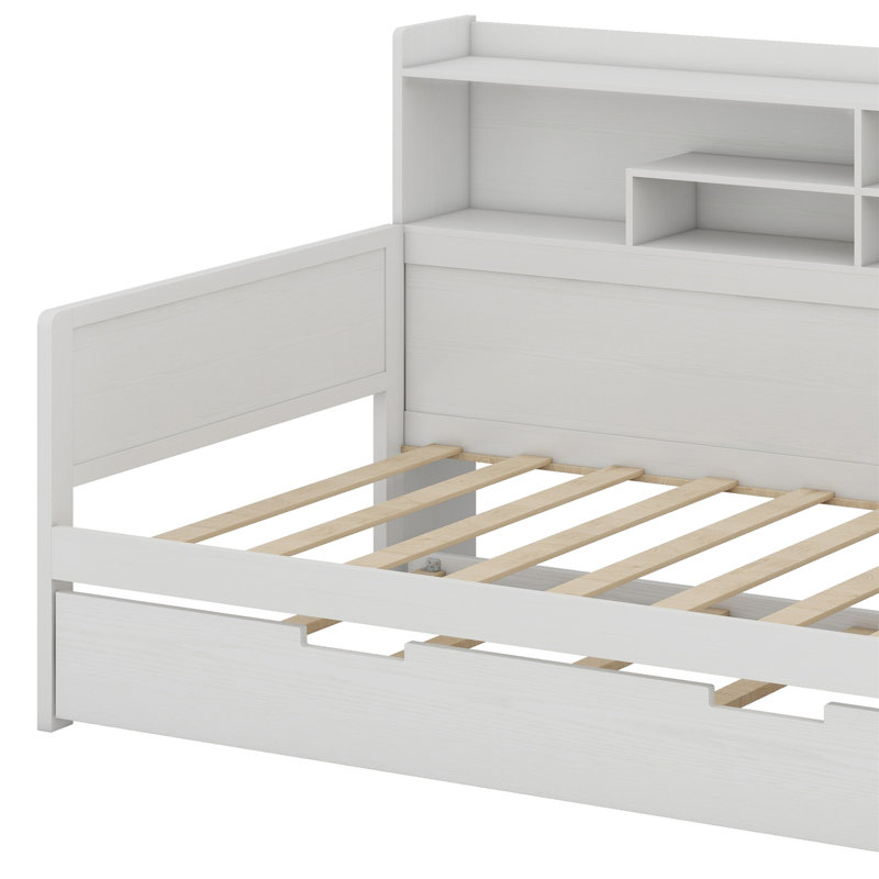 Wooden Daybed With Storage Shelves, Multi-Functional Bed With Trundle Bed And Study Desk, Antique White