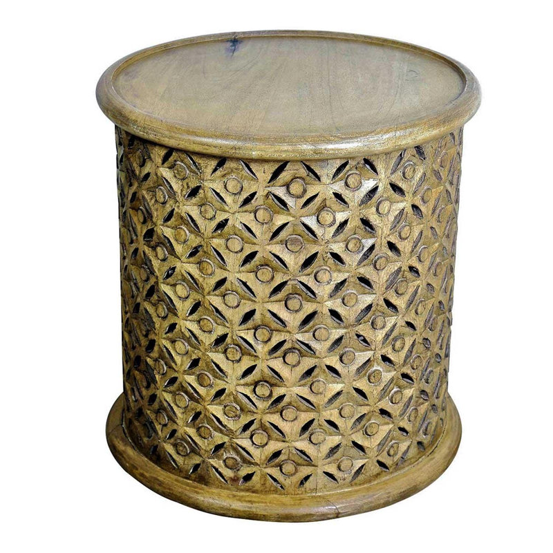 White Moroccan Carved Round End Table