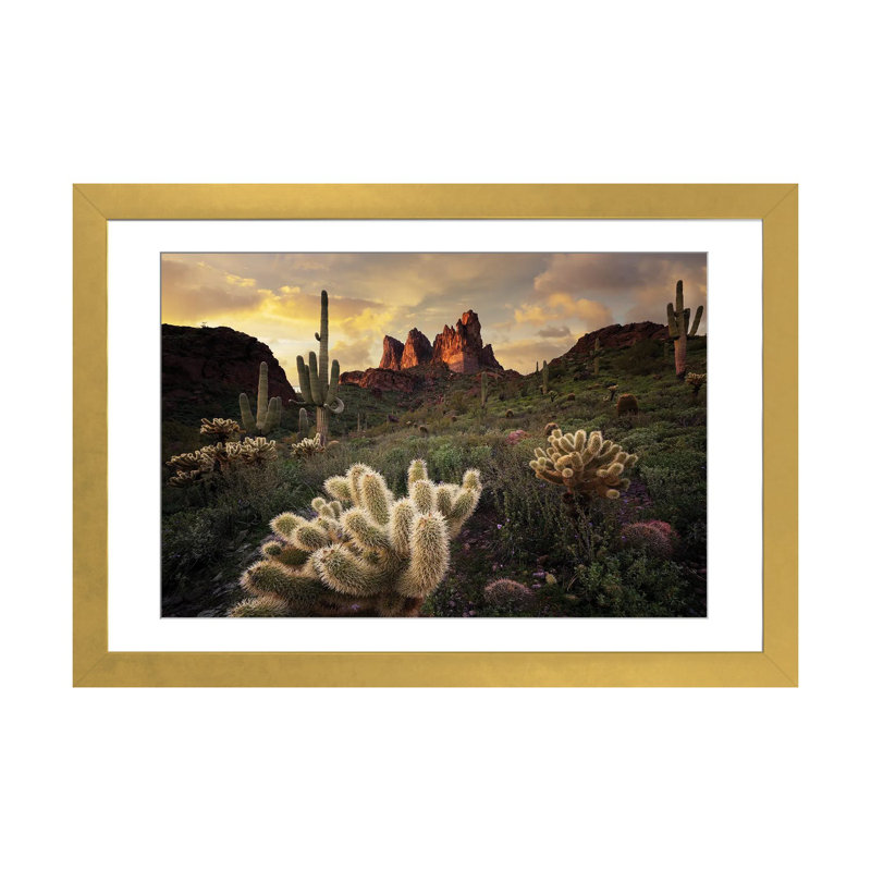 Arizona Desert Sunset, H 16 po x l 24 po x P 1 po, Papier doré avec cadre d'angle ouvert