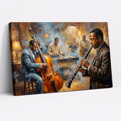 Tableau sur toile représentant un groupe de jazz jouant dans un club enfumé