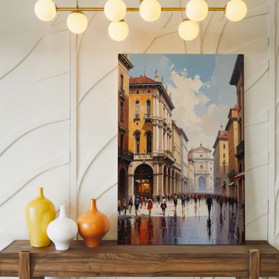 Wall Art Milan City Street Semi Impressionist Urban Scene With Rainy Reflections Canvas Ready To Hang Gallery Wrapped Home Decor Decor