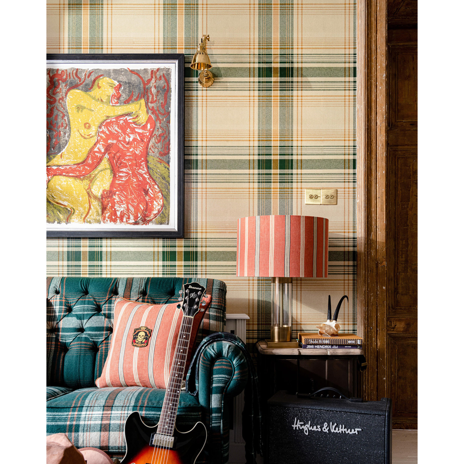 Woodstock Lifestyle Modern Plaid Wallpaper, Green/Taupe/Yellow