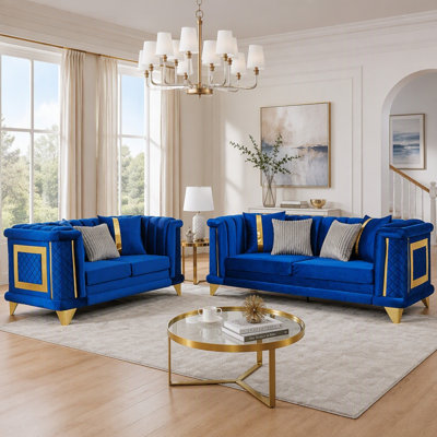 Ensemble de canapé en velours de luxe 2 pièces avec garnitures en acier inoxydable doré et texture brodée, canapé victorien moderne de 89 pouces à 3 places et 69 pouces pour causeuse, bleu