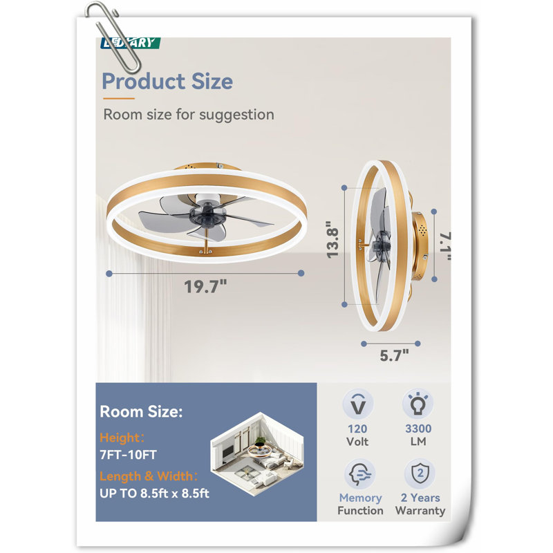 Myhrren Ceiling Fan with LED Lights, Gold