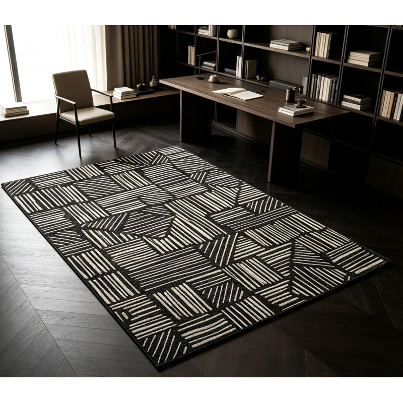 Tapis géométrique abstrait moderne lavable à la machine, tapis doux antidérapant à poils courts, Noir, 9 x 12 pi