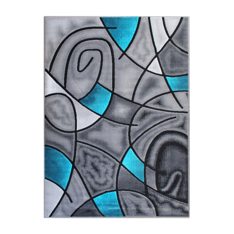 Tapis à motif abstrait turquoise et gris Sioar, Rectangle 8 pi x 10 pi