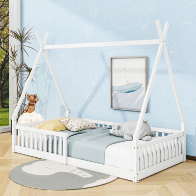 Twin Wood House Bed With Roof And Fence
