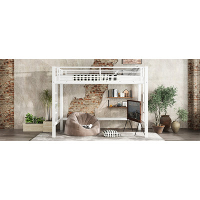 Lit mezzanine en métal blanc de taille très simple, assemblage rapide, avec double échelle et fonction de rangement structurellement ferme, niveau inférieur ouvert, esthétique épurée