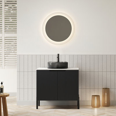 24 Inch Freestanding Bathroom Vanity With Transparent Black Glass Basin And Carrara White Countertop, Soft Close Doors, No Faucet, Black Color