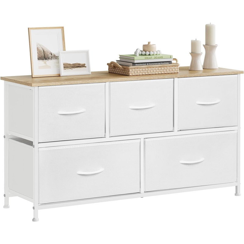 Chest of Drawers with 5 Fabric Drawers, White