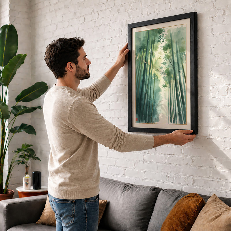 Bamboo Canopy Light Japandi - Framed Print, Black, A4 - 29.7 x 21.0 cm