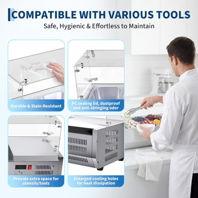 Commercial Refrigerated Prep Table, 130W Stainless Steel Countertop Cooler with 1/3 & 1/6 Pans, Digital Thermostat Salad & Pizza Station