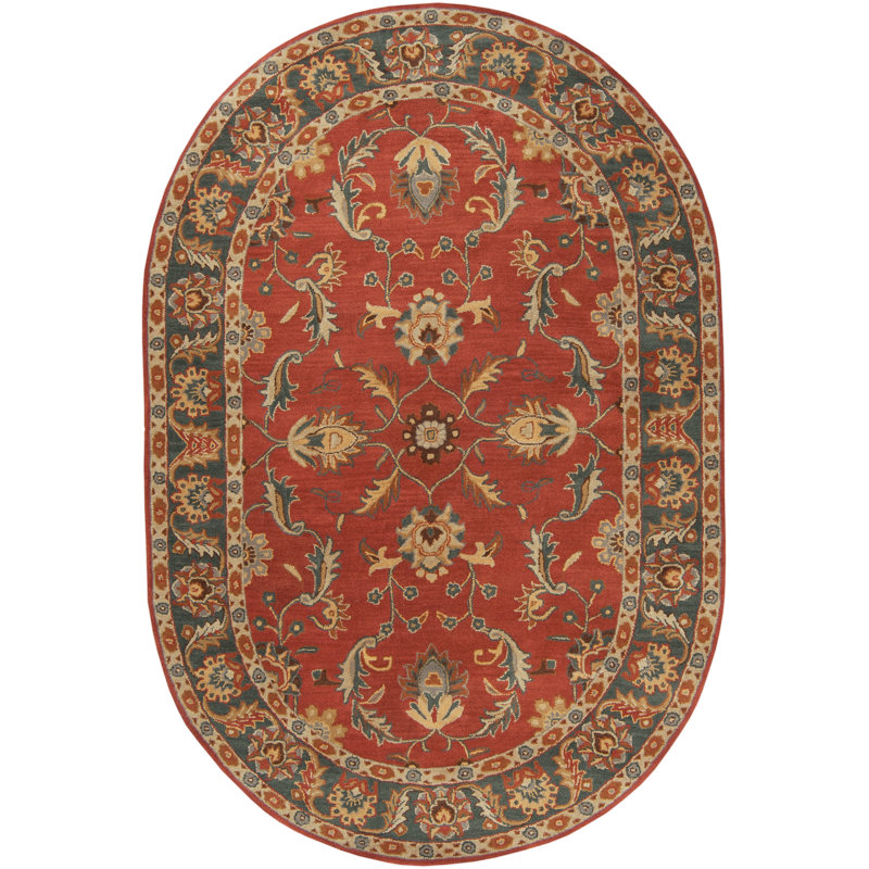 Tapis oriental en laine rouge brique, bleu marine et moutarde touffeté à la main Buckhill, Ovale 6 pi x 9 pi