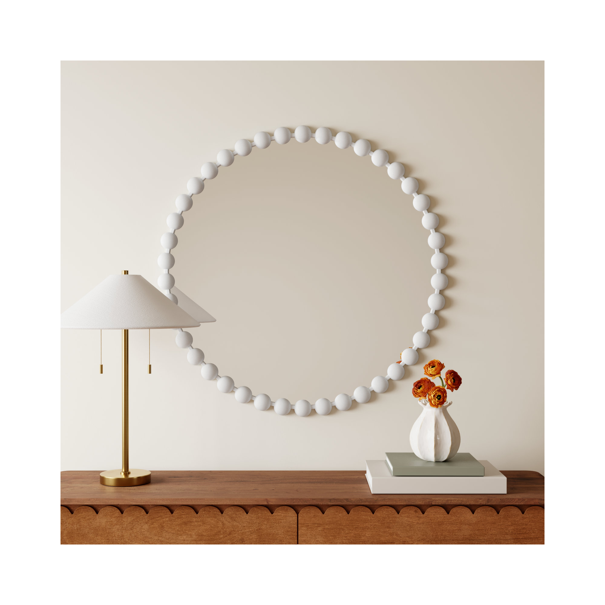 Marlowe Beaded Round Metal Wall Mirror, Matte White, 36" x 36"