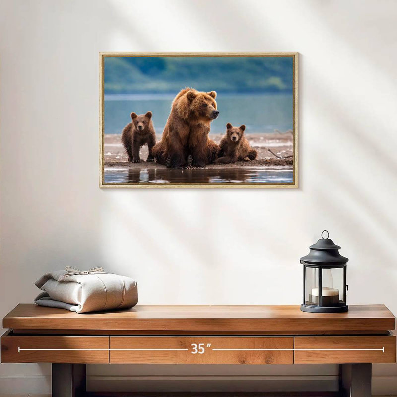 Famille d'ours Kamthatka, Cadre flottant en bois naturel, 19 po x 13 po