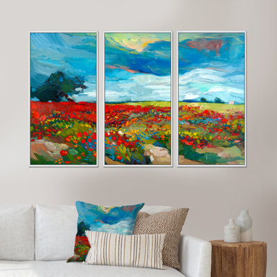 Champ de fleurs colorées - ensemble d'art mural sur toile encadré paysage de 3
