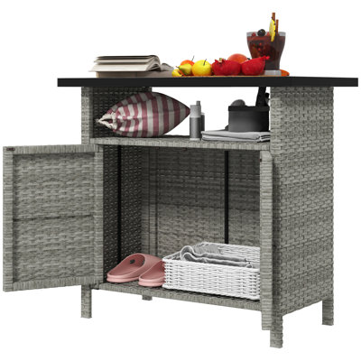 Armoire de rangement d'extérieur en osier avec deux portes et tablette pour le rangement des serviettes de piscine extérieures, gris