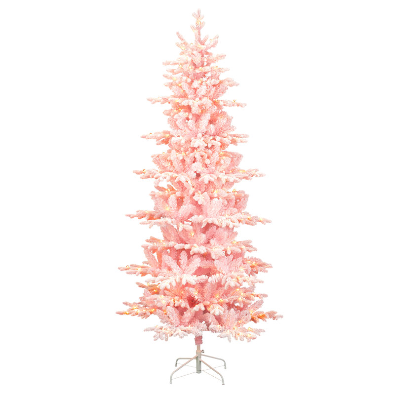 Deluxe Pre-Lit Pink Flocked Slim Fir Artificial Christmas Tree – 260 Warm White & Multi-Colour Lights, 9 Functions with Foot Pedal
