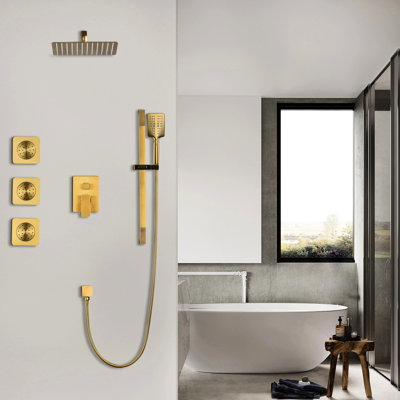 Système de douche Golden avec tête, douche à main, barre coulissante, jets de corps, bras, boyau, garniture de valve, poignées à levier. Tête autonettoyante pour une sérénité naturelle. , Laiton. 12,23 po Profond, l 58,55, l 7,96