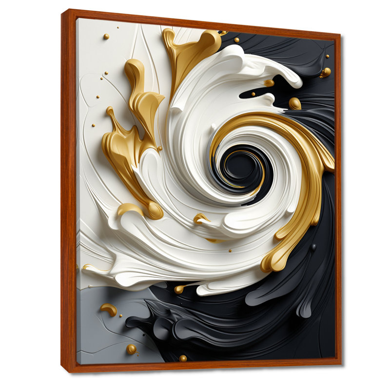 Liquide or noir et blanc texturé spirale magique - spirales abstraites, art mural, 40" H x 30" W, Cadre flottant brun