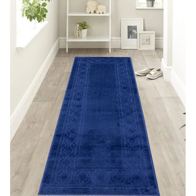 Machine Washable Rug Dark Blue Colour Trellis Border Slip Resistant Carpet