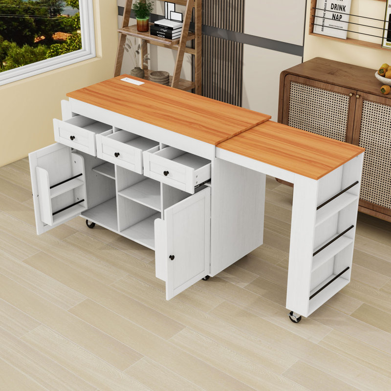 Kitchen Island with Extendable Dining Table, Open Shelves, 3 Drawers and Power Outlet, White