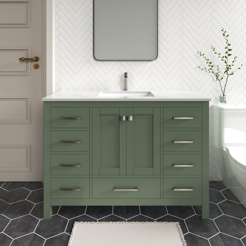 Ensemble de meuble-lavabo autoportant 48 po Anvay en vert forêt avec comptoir en quartz de Carrare, Quartz blanc, Vert forêt
