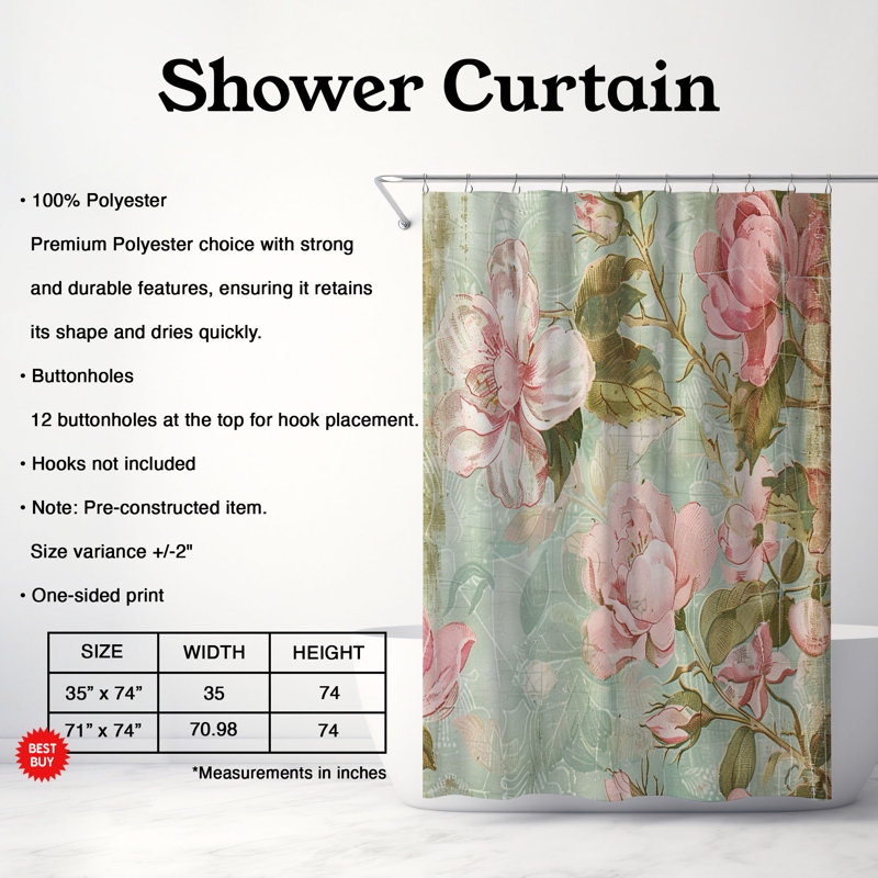 Rideau de douche standard 1 pièce Vintage Blossom Prints, H 74 po x l 71 po