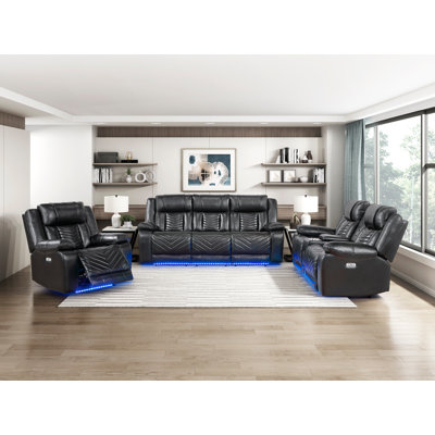 Beige luxueux ensemble de canapés 3 pièces Fauteuil inclinable électrique Causeuse à lumière DEL Ports de charge Porte-gobelets Chargeur sans fil Haut-parleurs
