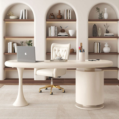 Bureau courbé blanc massif + bois manufacturé avec 2 tiroirs