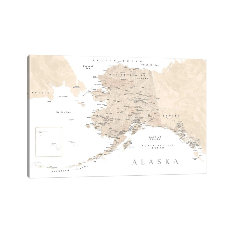 Neutral Watercolor Detailed Map Of Alaska by Blursbyai - Gallery-Wrapped Canvas Giclée on Canvas, 20.32 cm H x 30.48 cm W