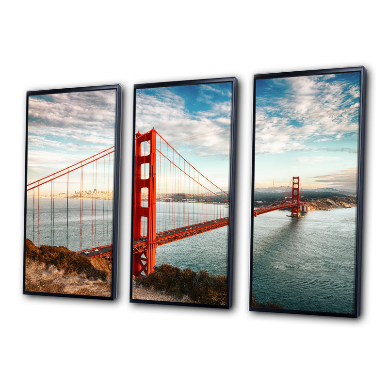 «Golden Gate Bridge In San Francisco», ensemble de 3 toiles encadrées, H 20 po x l 36 po x P 1 po, Cadre noir