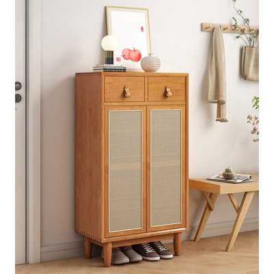 Japanese-style wicker and solid wood shoe cabinet