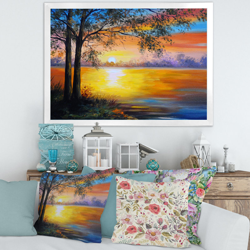 Arbre du soir près du lac - Peinture sur toile, H 24 po x l 32 po x P 1 po, Cadre blanc