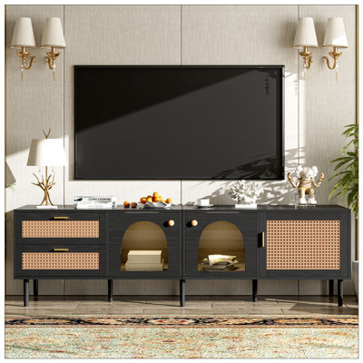 Meuble télé en rotin avec 3 armoires, 2 tiroirs, console multimédia inspirée du rotin pour téléviseur de 80 po ou moins, centre de divertissement à lumière DEL