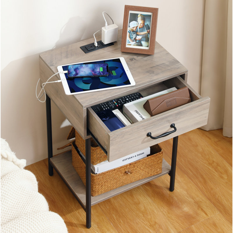 Demika 1 - Drawer Iron Nightstand in Gray, (2 Pack)