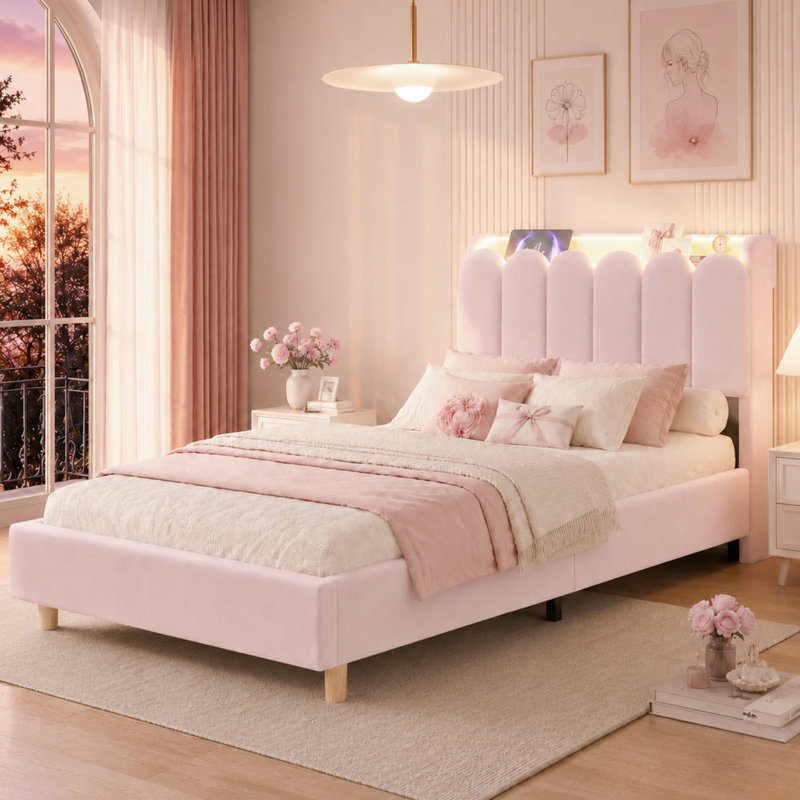 3FT Single Bed Frame with Storage Headboard & LED Reading Light, Pink