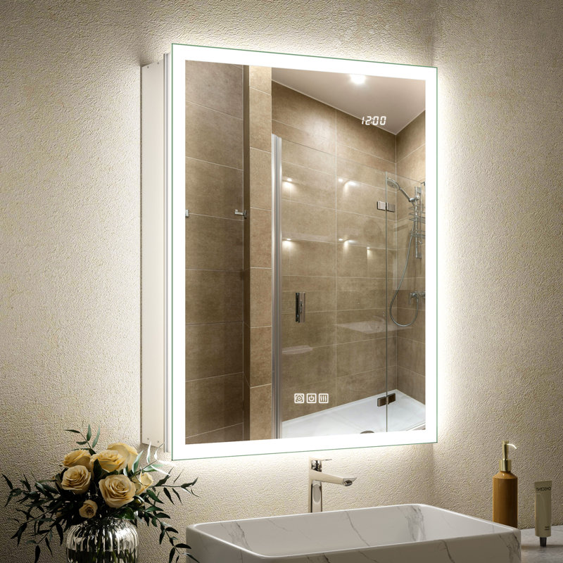 24X32" LED Medicine Cabinet With Double Lights-Front & Backlit, 155°Soft-Close Hinge,  Dimmable Lights, Outlet, Clock & Sensor Light, Anti-Fog
