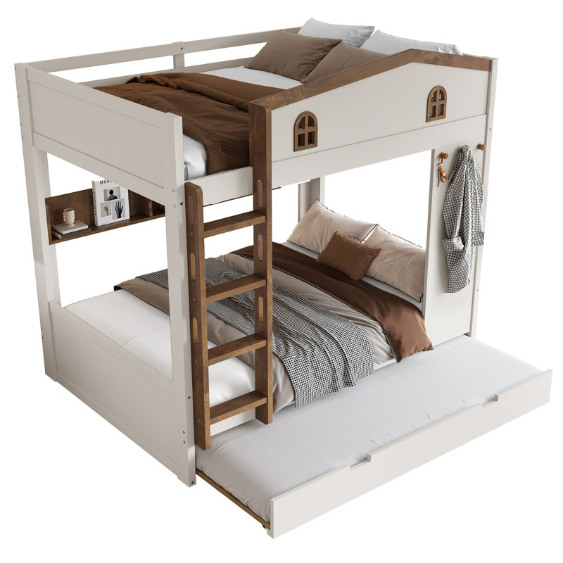 Lit superposé double au-dessus de double avec lit gigogne, lits superposés en bois massif avec tablettes et crochets de rangement, aucun sommier nécessaire, beige et naturel
