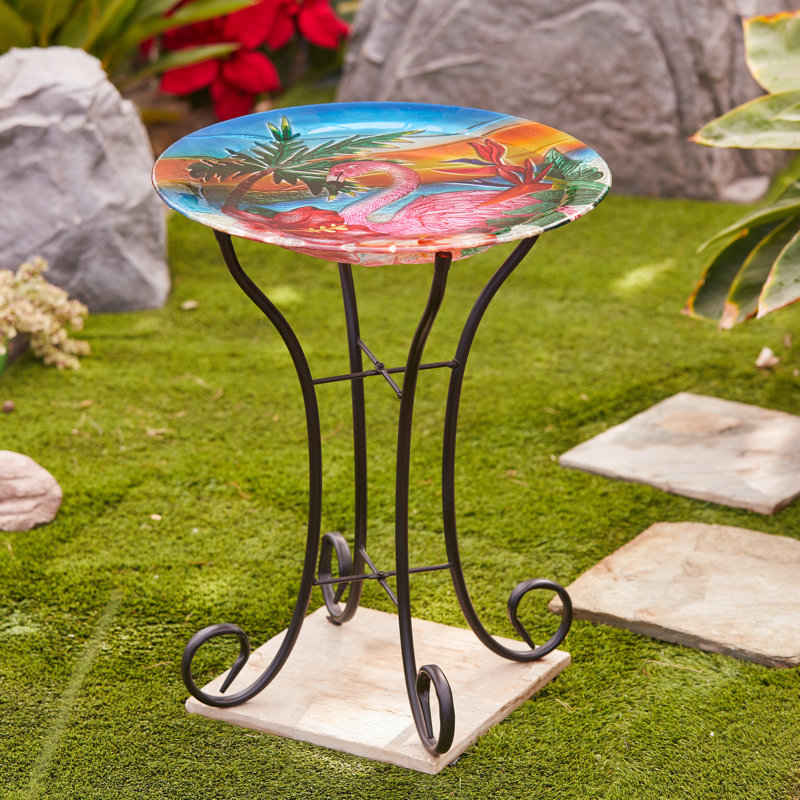 Flamingo Sunset Glass Bird Bath with Metal Stand