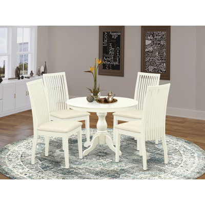 5 Piece Dining Set Includes a Round Dining Table with Pedestal and 4 Linen Fabric Kitchen Room Chairs, Linen White