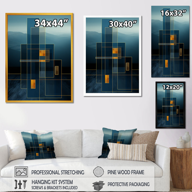 Blue Tower Collages - Abstract Collages, art mural, Cadre flottant noir, H 32 po x l 16 po x P 1 po
