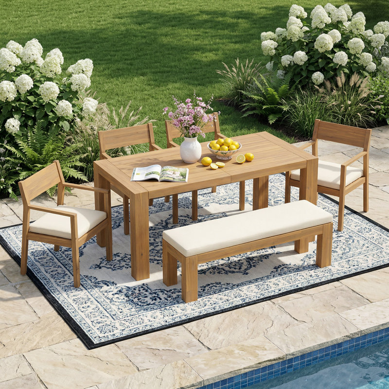 6-Person Outdoor Patio Dining Set, 71" Rectangular Table with Umbrella Hole, Chairs & Bench with Removable Cushions for Garden Poolside