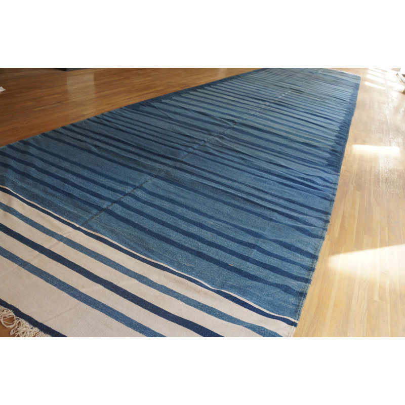 Blue Stripped Antique Huge Oversized Flat Weave Indian Dhurrie Rug