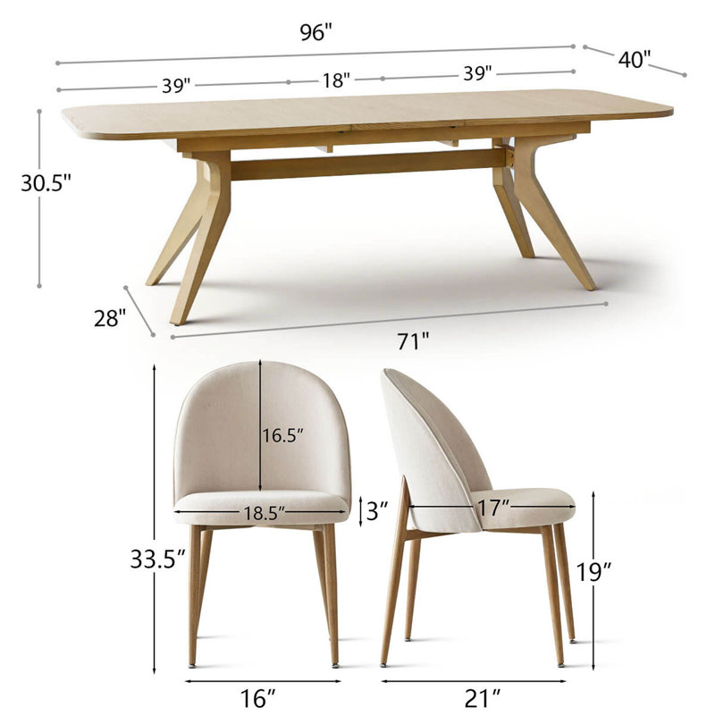 7-Piece Extendable Oak Dining Set with 8 Curved Back Upholstered Chairs