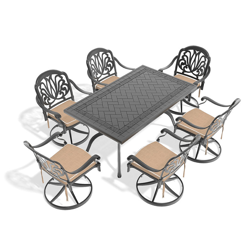 Cet ensemble de salle à manger en fonte d'aluminium toutes saisons comprend des chaises pivotantes et une table rectangulaire