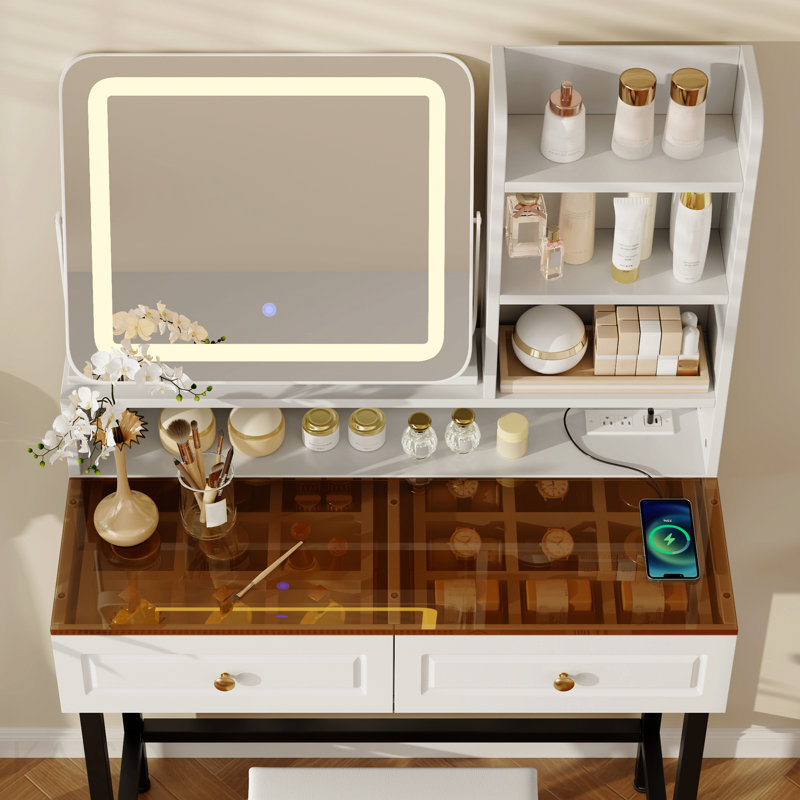 Coiffeuse de maquillage avec miroir lumineux à DEL, miroir rotatif à 360 °, bureau de coiffeuse avec 2 tiroirs, prise de courant et tablettes à 3 niveaux, plateau de table en verre ambré, coiffeuse avec pied et tabouret en métal robuste, blanc