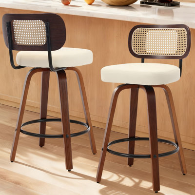 2 - Piece 360° Swivel Bar Stool Set with Rattan Backrest, Faux Leather Seat and Wooden Metal Frame